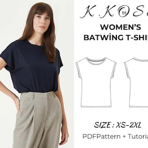 Padrão de costura para camiseta feminina Batwing/camiseta com manga Batwing/PDF digital fácil/padrão de blusa de manga curta Batwing/blusa casual Batwing/A4-A0-Letter