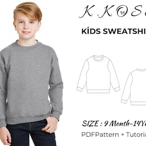 May include: A gray sweatshirt pattern for kids, sizes 9 months to 14 years. The pattern includes a PDF pattern and tutorial. The image shows a child wearing a gray sweatshirt and a line drawing of the sweatshirt pattern.