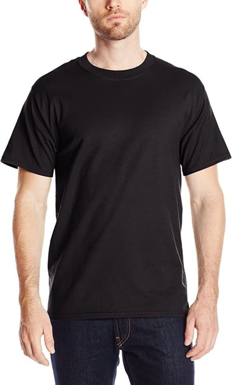 May include: A black short-sleeved t-shirt with a crew neck.