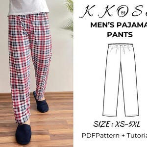 Può includere: Un modello digitale per pantaloni da pigiama da uomo. Il modello include un tutorial ed è disponibile nelle taglie XS-5XL. L'immagine mostra una persona che indossa pantaloni da pigiama a quadri rossi e neri.