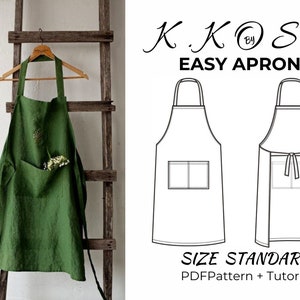 May include: A green linen apron with a large front pocket, hanging on a wooden ladder. The apron has a simple design and is adorned with a sprig of flowers. The image also includes a line drawing of the apron and the text "K.KOSE EASY APRON".