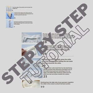 May include: A step-by-step guide on how to sew a collar onto a garment. The guide includes images and instructions for each step, numbered 5 through 22.