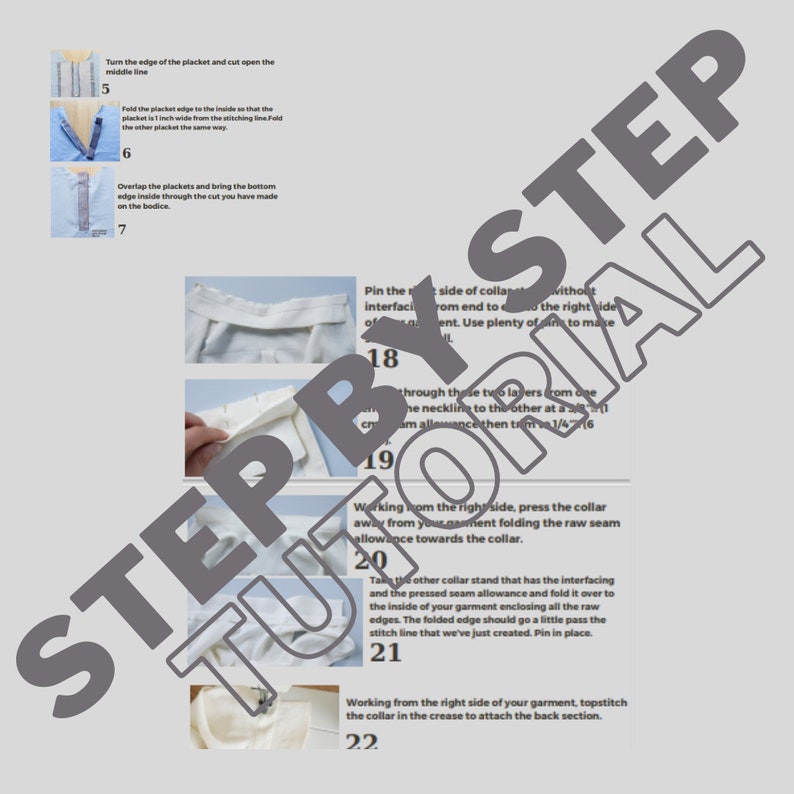 May include: A step-by-step guide on how to sew a collar onto a garment. The guide includes images and instructions for each step, numbered 5 through 22.
