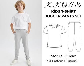 May include: A digital sewing pattern for a kids' t-shirt and jogger pants set. The pattern includes a white t-shirt and gray jogger pants. The pattern is available in sizes 5-12 years. The pattern includes a PDF pattern and tutorial.