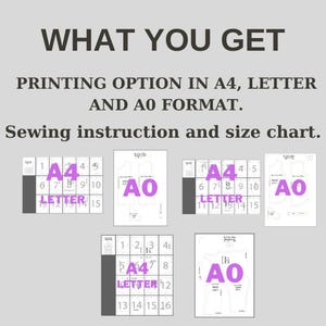 May include: A sewing pattern with printing options in A4, Letter, and A0 format. The image shows a grid with numbers and the words "Letter" and "A4" in pink. The pattern includes sewing instructions and a size chart.
