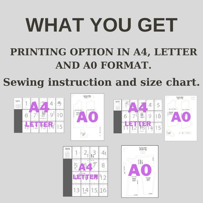 May include: A sewing pattern with printing options in A4, Letter, and A0 format. The image shows a grid with numbers and the words "Letter" and "A4" in pink. The pattern includes sewing instructions and a size chart.