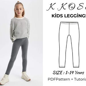 Könnte beinhalten: Ein digitaler Download-Schnittmuster für Kinderleggings, mit einer Strichzeichnung von Leggings auf weißem Hintergrund. Der Text "K.KOSE KIDS LEGGINGS" befindet sich oben im Bild. Der Text "SIZE: 1-14 Years" befindet sich unten im Bild. Der Text "PDF Pattern + Tutorial" befindet sich unter dem Größentext.