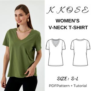 Patrón de costura para camiseta con cuello en V para mujer/Patrón de costura para camiseta con cuello en V/Patrón de costura para camiseta con cuello en V en PDF/V para mujer/Costura para mujeres principiantes/A4-A0-Carta