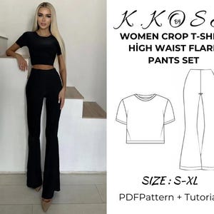 Puede incluir: Un patrón de costura para un conjunto de top corto y pantalón acampanado de cintura alta. El patrón incluye un dibujo de línea del top y el pantalón, y el texto "K.KOSE WOMEN CROP T-SHIRT HIGH WAIST FLARE PANTS SET SIZE: S-XL PDFPattern + Tutorial".