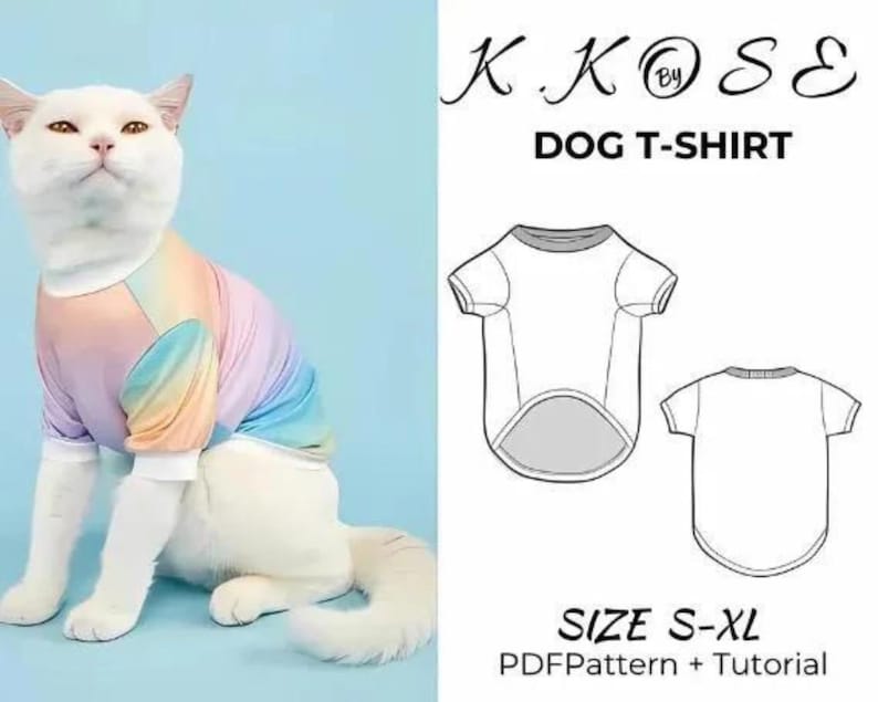 Peut inclure: Un patron num&eacute;rique pour un t-shirt pour chien. Le patron comprend un tutoriel et est disponible en tailles S-XL. L'image montre un chat blanc portant un t-shirt arc-en-ciel.