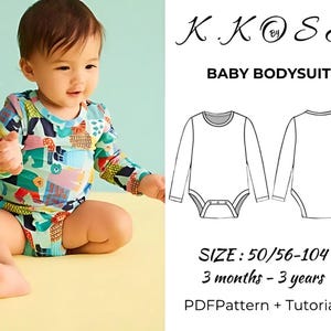May include: A PDF pattern and tutorial for sewing a baby bodysuit. The pattern includes sizes 50/56-104, which corresponds to 3 months to 3 years old. The image shows a baby wearing a colorful bodysuit with a geometric pattern.