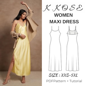 Puede incluir: Un patrón de costura digital para un vestido maxi con un diseño simple y sin mangas. El patrón incluye instrucciones y está disponible en tallas XXS-5XL. La imagen muestra una modelo con un vestido maxi de satén amarillo.