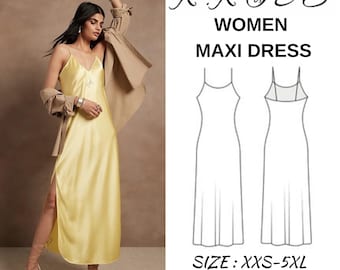 Women's Maxi Slip Dress Sewing Pattern: V-Front with Slit (XXS-5XL) (Digital Download)