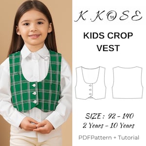Puede incluir: Un patrón PDF y un tutorial para un chaleco corto para niños. El patrón incluye las tallas 92-140 (2-10 años). La imagen muestra a un niño usando un chaleco a cuadros verde y blanco.