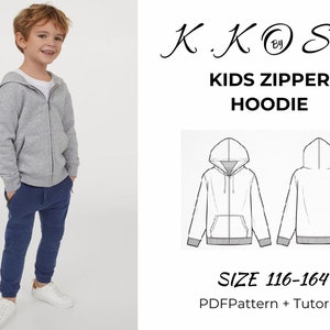 Kids Zıpper Hoodıe/Casual con capucha/chaqueta con cremallera/Instrucción de costura fácil/Patrón de costura unisex/Patrón para niños/chıld zıped/Tamaño:116-164/A4-A0-Letter