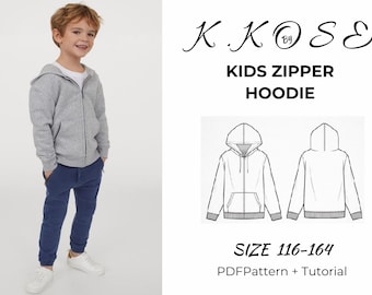 Kinderhoodie met rits/Casual capuchon/jasje met rits/Gemakkelijke naai-instructie/Unisex naaipatroon/Kinderpatroon/kinderrits/Maat: 116-164/A4-A0-Letter