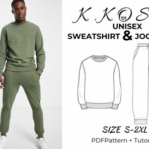 May include: A digital pattern for a unisex sweatshirt and joggers set. The pattern includes a tutorial and is available in sizes S-2XL. The image shows a model wearing a green sweatshirt and joggers set.