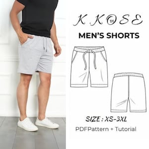 May include: A digital pattern for men's shorts with a drawstring waist. The pattern includes a tutorial and is available in sizes XS-3XL. The image shows a man wearing a pair of grey shorts and a black t-shirt.