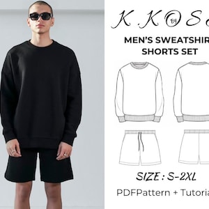 Può includere: Un completo composto da felpa e pantaloncini neri è indossato da una persona con occhiali da sole. L'immagine include un disegno a tratto del completo, con il testo "MEN'S SWEATSHIRT SHORTS SET" e informazioni sulle taglie.