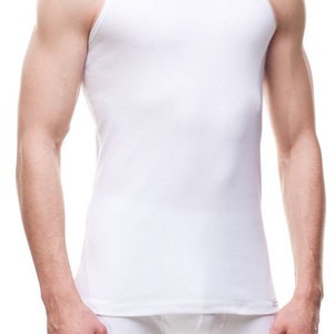 May include: White sleeveless undershirt with a crew neck.