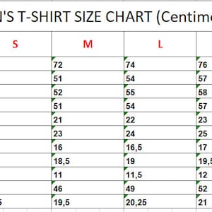 May include: T-shirt size chart in centimeters, showing measurements for total length, bottom width, chest, waist, sleeve length, armhole, sleeve opening, neck width, front neck drop, shoulder to shoulder, and bicep. Sizes range from XS to 3XL.