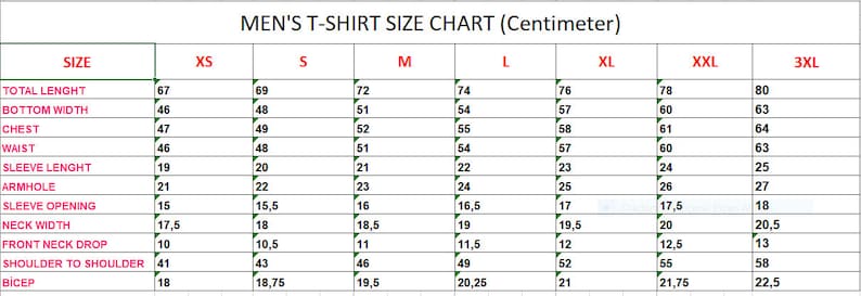 May include: T-shirt size chart in centimeters, showing measurements for total length, bottom width, chest, waist, sleeve length, armhole, sleeve opening, neck width, front neck drop, shoulder to shoulder, and bicep. Sizes range from XS to 3XL.
