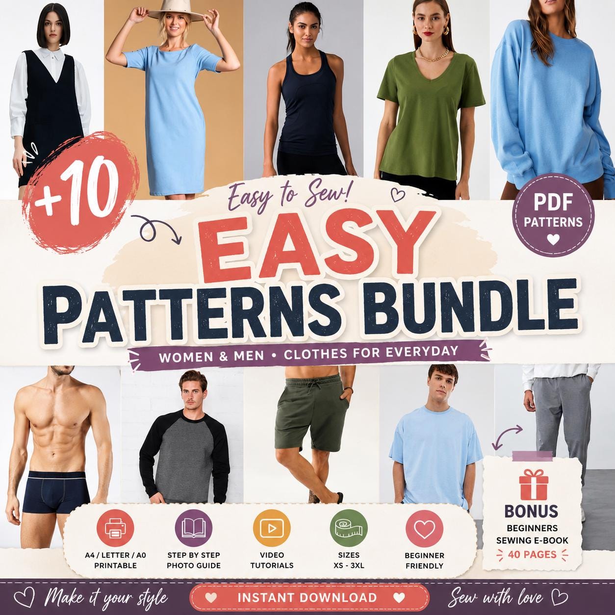 10+ PDF Sewing Patterns Bundle Women's & Men's Clothes Lifetime Access Beginner Friendly Instant Download