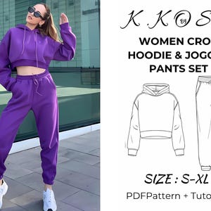 Può includere: Un cartamodello per un set di felpa corta e pantaloni da jogging viola. Il cartamodello include un cartamodello PDF e un tutorial. Il cartamodello è disponibile nelle taglie S-XL.