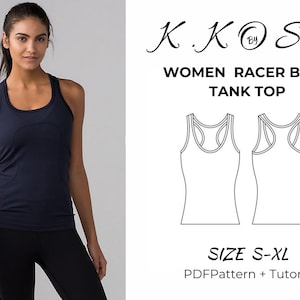May include: A digital sewing pattern for a racerback tank top. The pattern includes a tutorial and is available in sizes S-XL. The pattern is for a sleeveless top with a scoop neck and a racerback design.