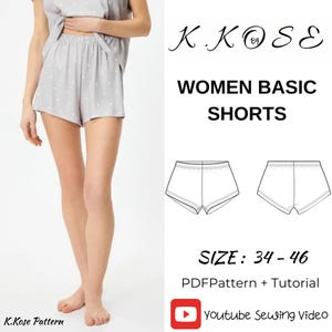 Könnte beinhalten: Hellgraue Shorts mit weißen Punkten. Die Shorts sind Teil eines Sets. Das Bild enthält auch eine Strichzeichnung der Shorts, den Text "WOMEN BASIC SHORTS" und die Größenangabe "34-46".