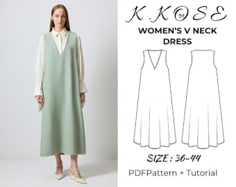 Molde em PDF para costura de vestido de verão feminino com decote em V | Imprimível para iniciantes | Tamanhos P a GG | A4, Carta e A0