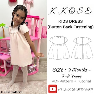 Padrão de costura para vestido infantil com botões nas costas (padrão em PDF)
