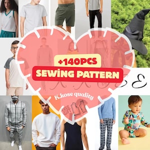 Könnte beinhalten: Eine Collage mit verschiedenen Kleidungsstücken, darunter T-Shirts, Shorts und ein Hexenhut. Ein herzförmiges Grafikelement in der Mitte zeigt "+140PCS SEWING PATTERN". Das Bild deutet auf eine Näh-Mustersammlung für verschiedene Kleidungsstücke hin.