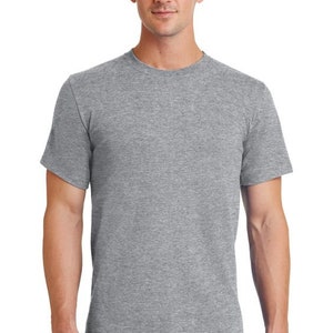 May include: A heather gray short-sleeved t-shirt with a crew neck.
