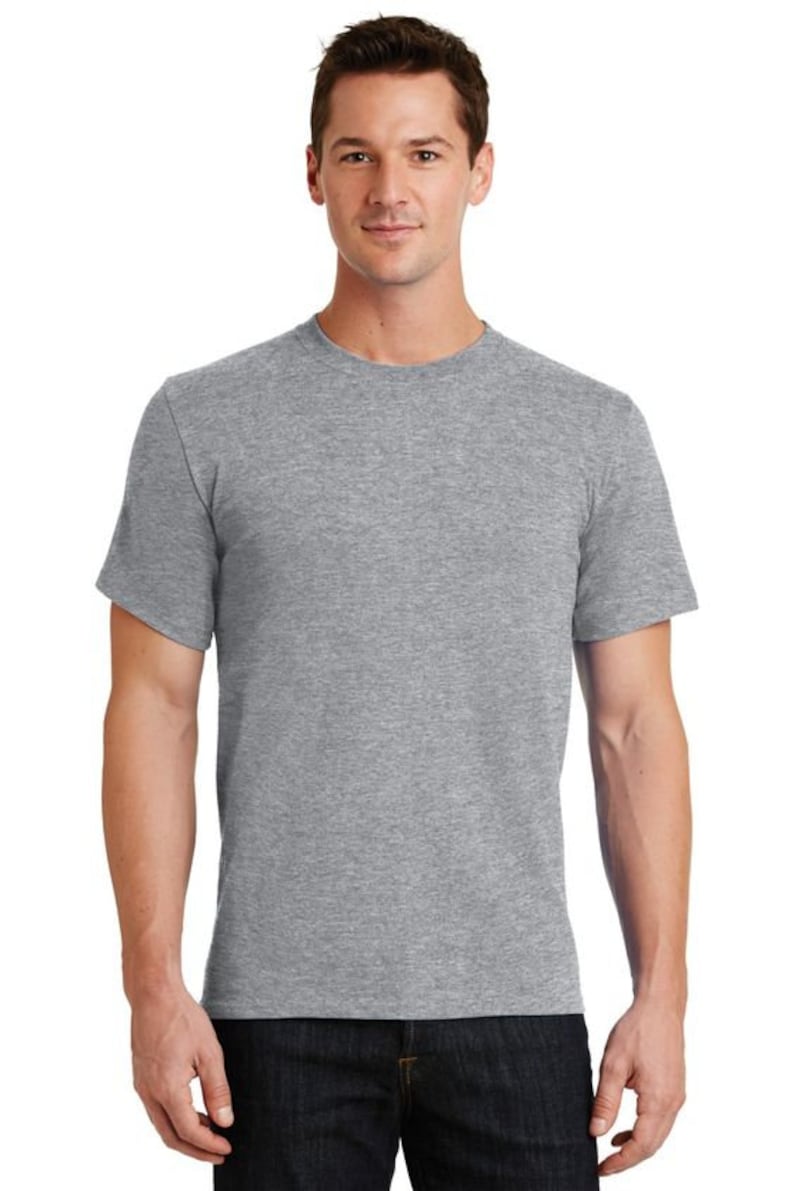 May include: A heather gray short-sleeved t-shirt with a crew neck.