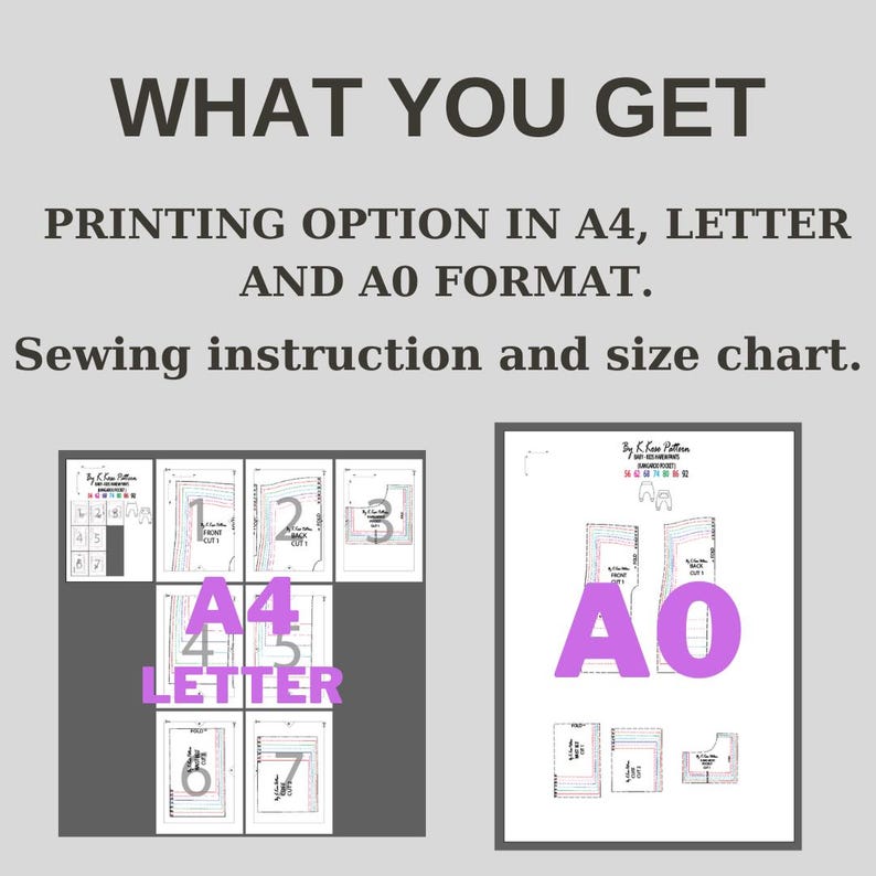 May include: Image showing sewing pattern options, including A4, Letter, and A0 formats. The text "WHAT YOU GET" is at the top, followed by "PRINTING OPTION" and "Sewing instruction and size chart."