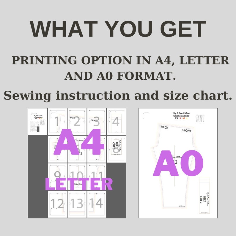 May include: A sewing pattern for leggings in A4, Letter, and A0 format. The pattern includes sewing instructions and a size chart. The pattern is printed on white paper with black text and lines.