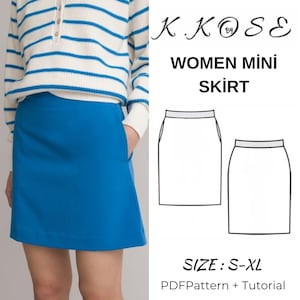 May include: A bright blue mini skirt with pockets. The skirt is paired with a striped sweater. The image also includes a line drawing of the skirt and text that reads "WOMEN MINI SKIRT" and "SIZE: S-XL".