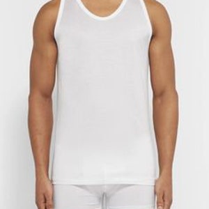 May include: White sleeveless undershirt with a crew neck.