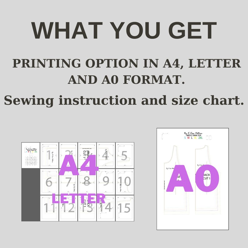 May include: A digital download of a sewing pattern for a tank top. The pattern is available in A4, Letter, and A0 sizes. The image shows a grid of A4 pages and a single A0 page with the pattern pieces.