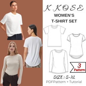 May include: A set of three t-shirt sewing patterns, featuring a short-sleeved, long-sleeved, and a curved hem t-shirt. The patterns are available in sizes S-XL and include a PDF pattern and tutorial. K.KOSE by is the brand name.