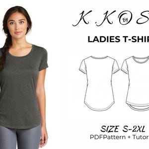 May include: A digital download pattern for a women's t-shirt. The pattern includes a tutorial and is available in sizes S-2XL. The image shows a mockup of the t-shirt on a model and a line drawing of the pattern.