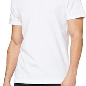 May include: A white short-sleeved t-shirt with a crew neck.
