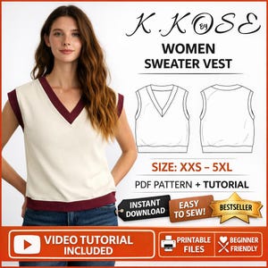 Può includere: Gilet in maglia color crema con rifiniture bordeaux e scollo a V. L'immagine include un diagramma del gilet e il testo "K.KOSE WOMEN SWEATER VEST" e "SIZE: XXS - 5XL". Il testo aggiuntivo include "PDF PATTERN + TUTORIAL" e "VIDEO TUTORIAL INCLUDED".