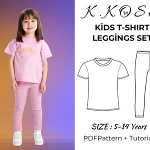 Könnte beinhalten: Ein digitaler Download-Schnittmuster für ein Kinder-T-Shirt und Leggings-Set. Das Schnittmuster beinhaltet eine Anleitung und ist in den Größen 5-14 Jahre erhältlich. Das Bild zeigt ein junges Mädchen, das ein rosa T-Shirt mit einem grafischen Aufdruck und rosa Leggings trägt.
