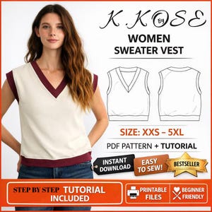 May include: A cream-coloured sweater vest with a deep V-neck and dark maroon trim at the neckline, armholes, and hem. The image includes a technical line drawing of the vest, text reading K.KOSE WOMEN SWEATER VEST, SIZE: XXS-5XL, and PDF PATTERN + TUTORIAL.