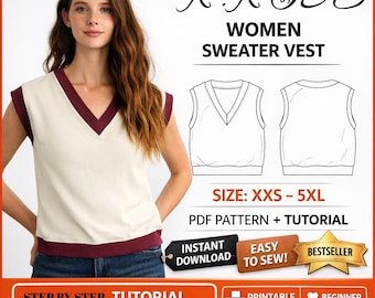 Women's Sweater Vest Sewing Pattern: Beginner-Friendly Gilet Slipover (PDF Pattern XXS-5XL)