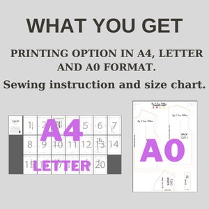 Puede incluir: Opciones de impresi&oacute;n A4, Letter y A0 para un patr&oacute;n de costura. La imagen muestra una cuadr&iacute;cula de p&aacute;ginas A4 y una sola p&aacute;gina A0 con el texto "BACK CUT 1" y "SLEEVE CUT 2".