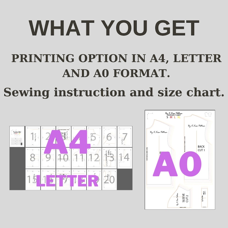 Puede incluir: Opciones de impresi&oacute;n A4, Letter y A0 para un patr&oacute;n de costura. La imagen muestra una cuadr&iacute;cula de p&aacute;ginas A4 y una sola p&aacute;gina A0 con el texto "BACK CUT 1" y "SLEEVE CUT 2".
