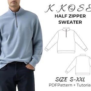 Könnte beinhalten: Ein digitales Schnittmuster für einen Halbzip-Pullover. Das Schnittmuster beinhaltet eine Anleitung und ist in den Größen S-XXL erhältlich. Das Bild zeigt einen Mann, der einen hellblauen Pullover trägt, und eine Strichzeichnung des Pullover-Schnittmusters.